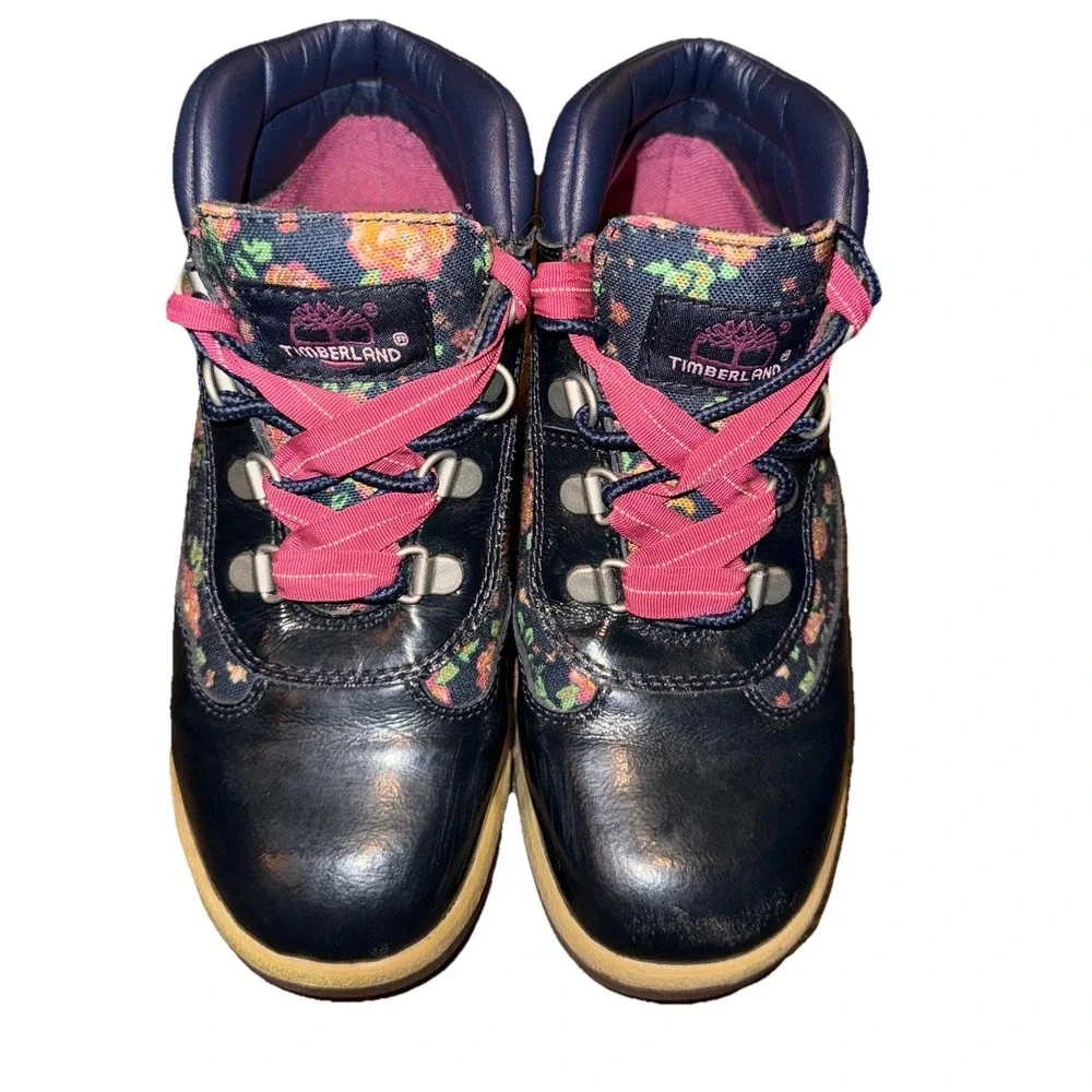 Timberland Classic Floral Boots Navy Pink Laces Logo Little Kids 2.5  EU 34.5